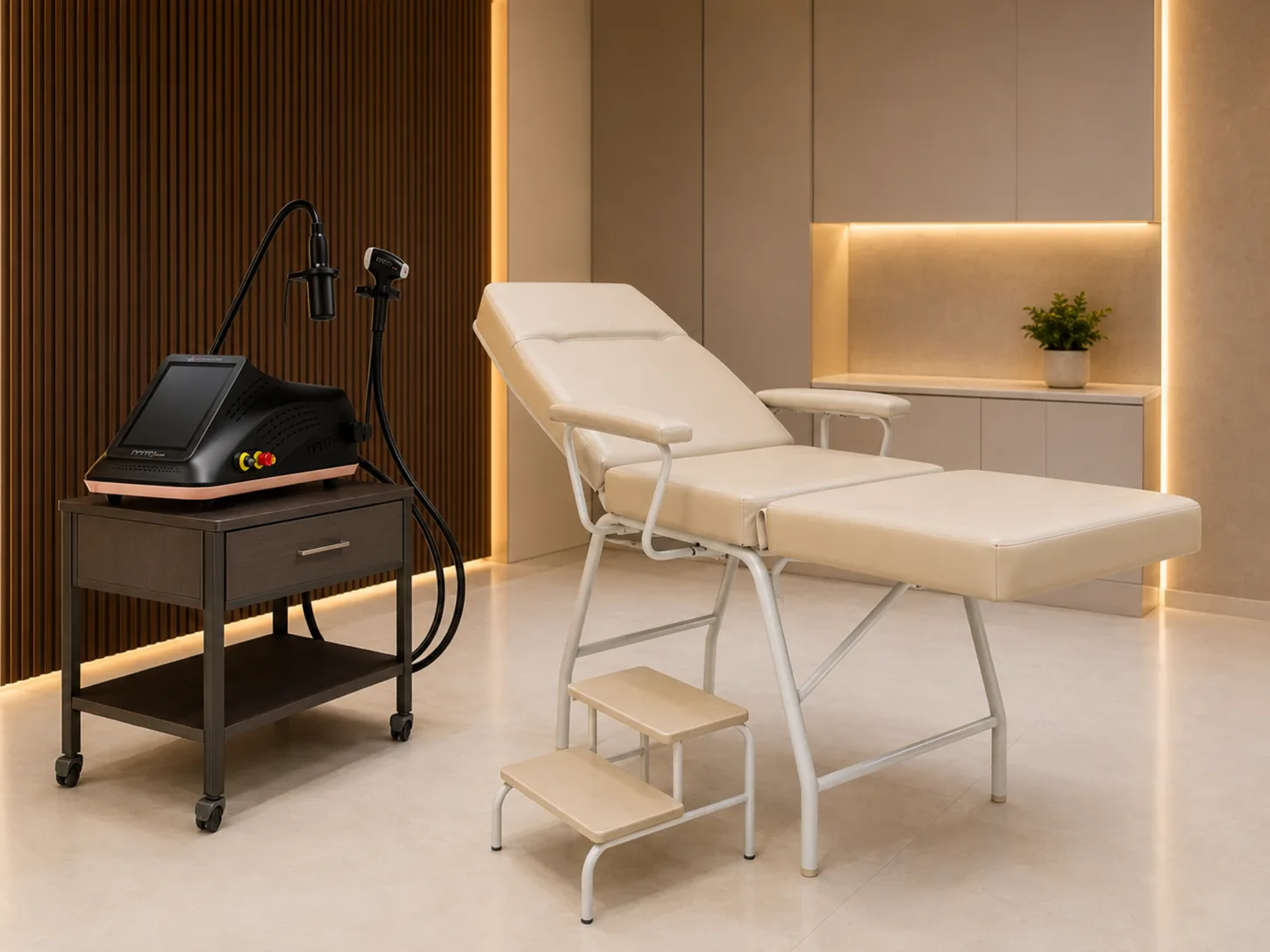 Representação do ambiente de atendimento com equipamento Infinity Duos e maca estética.