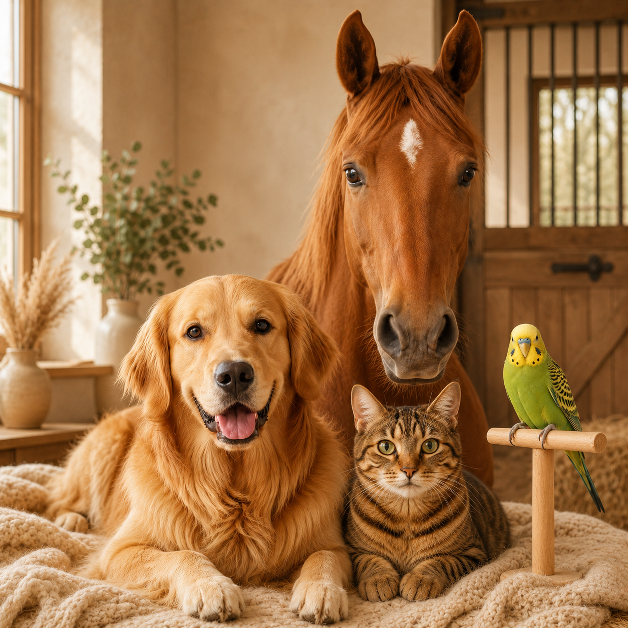 Cachorro, gato, passarinho e cavalo