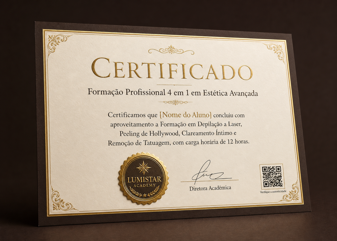Certificado da Formação 4 em 1 em Estética Avançada da Lumistar Academy, com selo dourado e QR Code de autenticidade