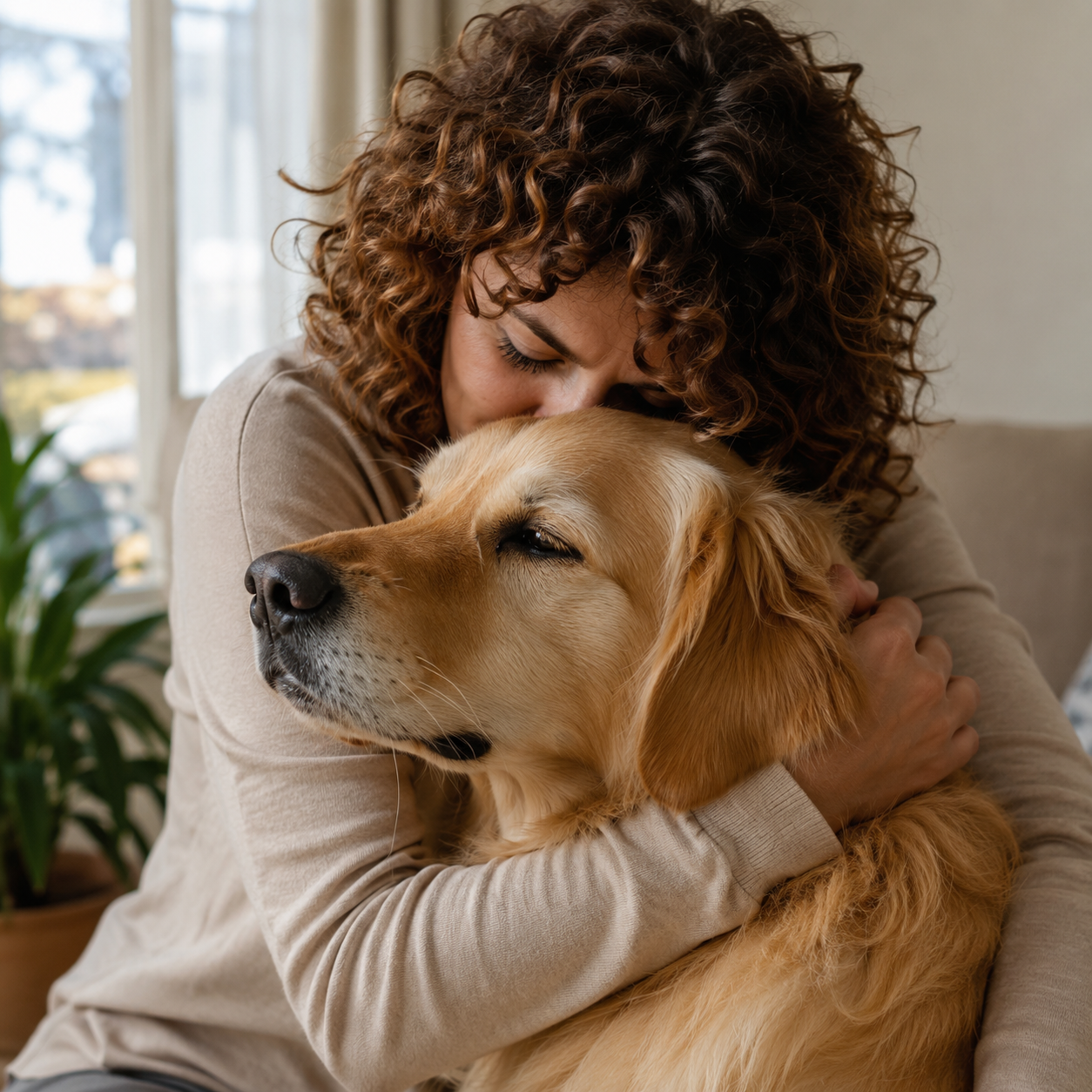 Tutora abraçando cachorro