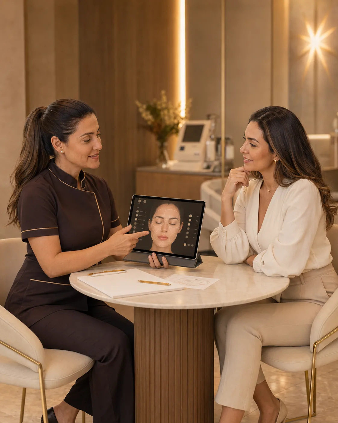 Profissional da Lumistar conduzindo uma avaliação estética personalizada com uma cliente, utilizando tablet com análise facial em ambiente clínico sofisticado